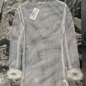 12th Tribe White Mesh Sweater with Fur Cuffs